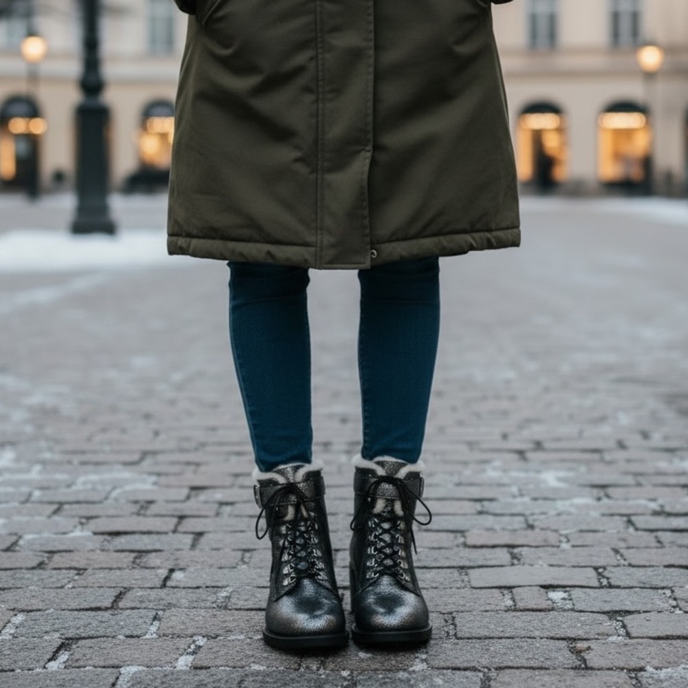 FREE LANCE Paris Shearling Lined Leather Combat Boots EU 39 Silver Metallic - Picture 9 of 14